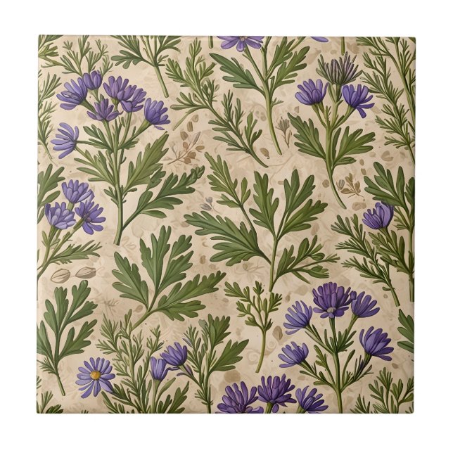 Small Purple Asters Taupe Ceramic Tile (Front)