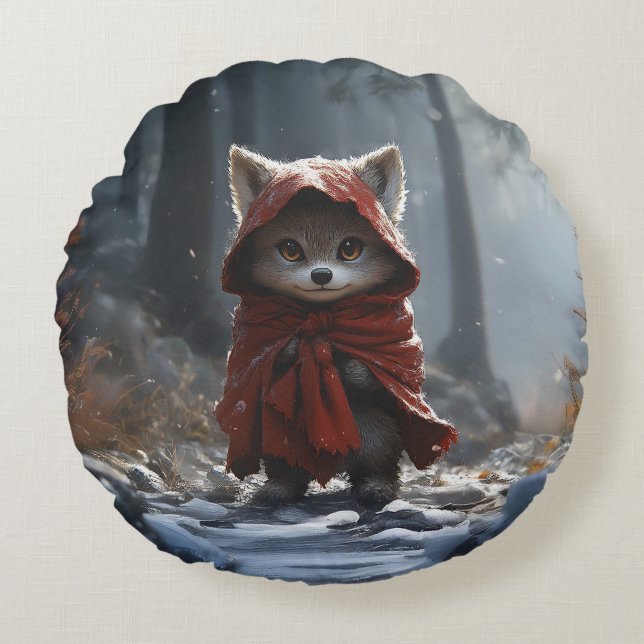 Small red chaperone wolf round cushion (Front)