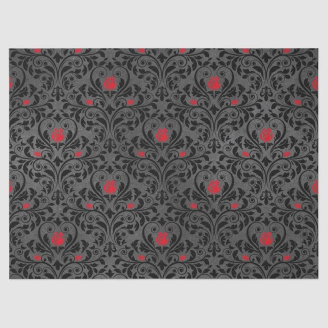 Small Red Roses and Black Damask Decoupage Tissue Paper (Front)