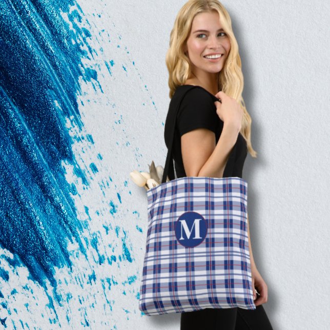Small, Red, White & Blue Monogram Plaid Tote Bag (Creator Uploaded)