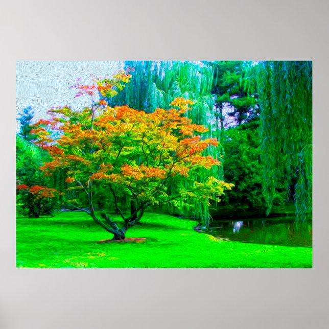 Small River Orange Blossom Tree And Green Grass Poster (Front)