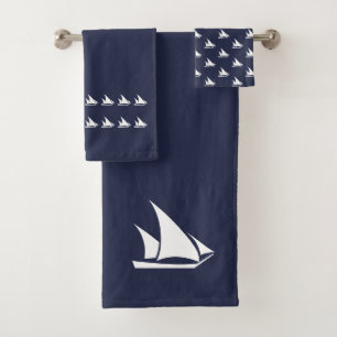 Small Sailboat Bathroom Ocean Blue & white Bath Towel Set
