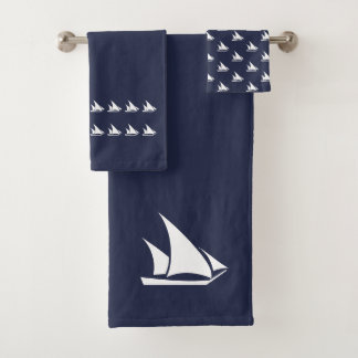 Small Sailboat Bathroom  Ocean Blue & white Bath Towel Set
