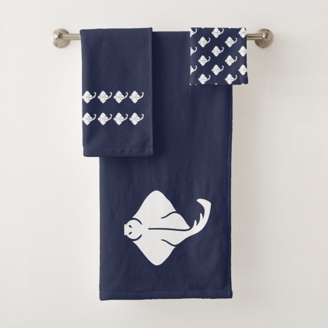 Small Sailboat Bathroom  Ocean Blue & white Bath Towel Set (Insitu)