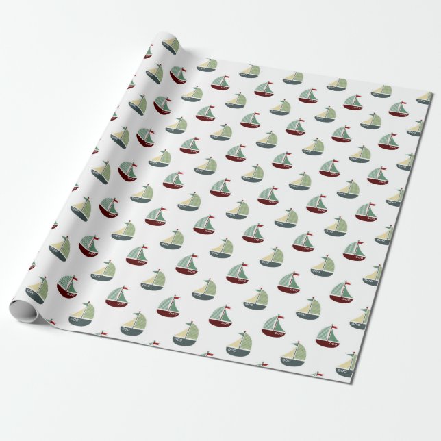 Small Sailboats on White Wrapping Paper (Unrolled)
