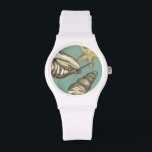 Small Shell Trio on Teal Watch<br><div class="desc">Megan Meagher is known for her simple art pieces. This image captures the simplicity of the seashore's treasures, of a conch shells and a starfish. Meagher encompasses a teal background in her image to contrast these treasures. Get this fine art print today on your Zazzle product today.</div>