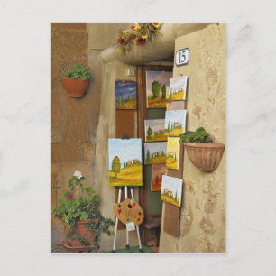 Small shope with artwork for sale on sidewalk postcard