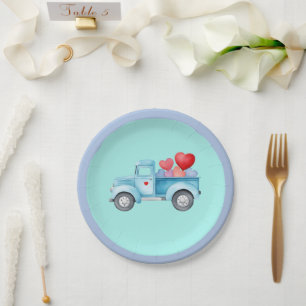 Small Single Blue Truck Valentine Party Paper Plate