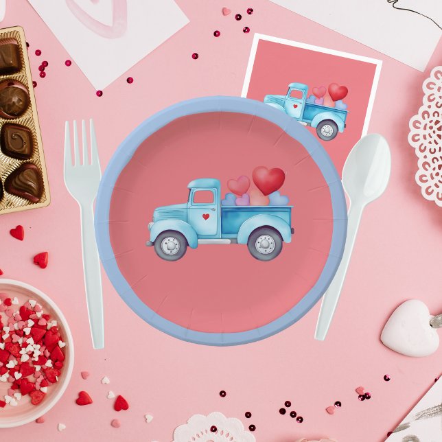 Small Single Blue Truck Valentine Party Paper Plate (Creator Uploaded)