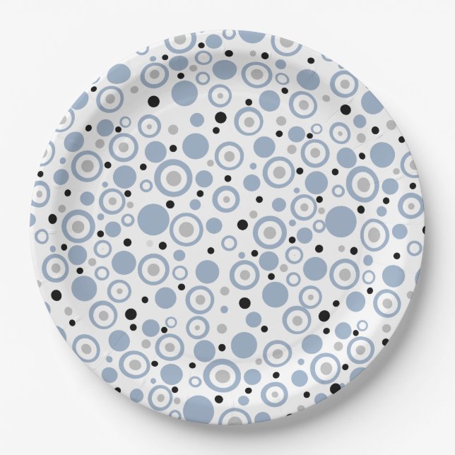 Small Slate Blue Silver Black Polka Dots Paper Plate (Front)