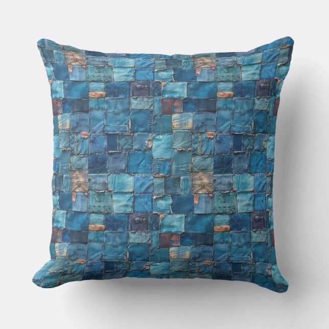 Small square pieces of denim old patchwork fabric cushion (Front)