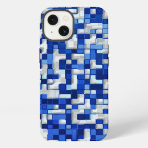 Small squares overlap, shades of blue with white iPhone 13 case