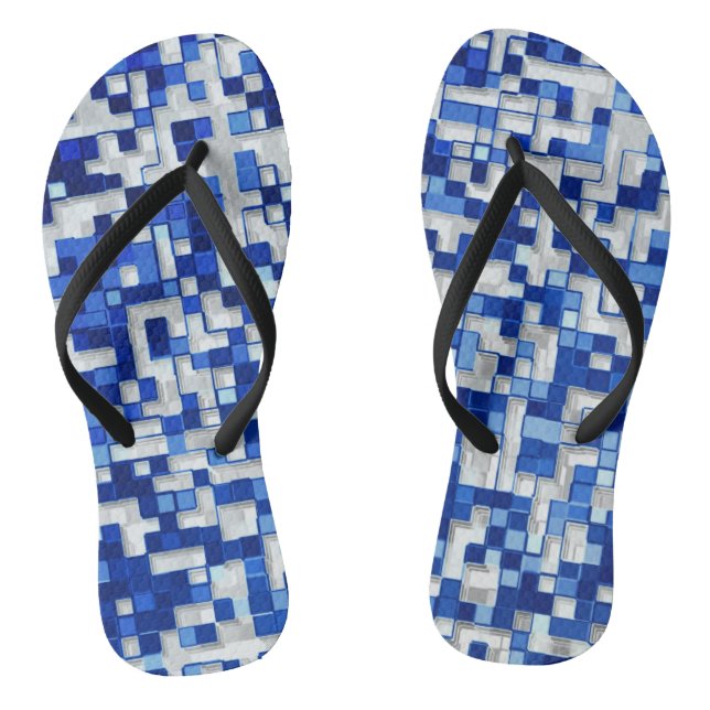 Small squares overlapped, tones of blue with white thongs (Footbed)