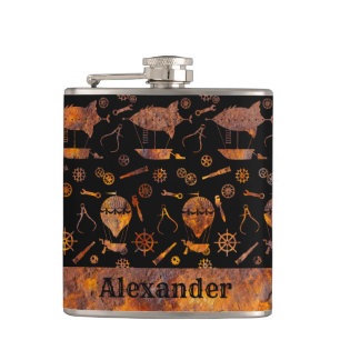 Small Steampunk Colourful Rusty Airship Theme Hip Flask
