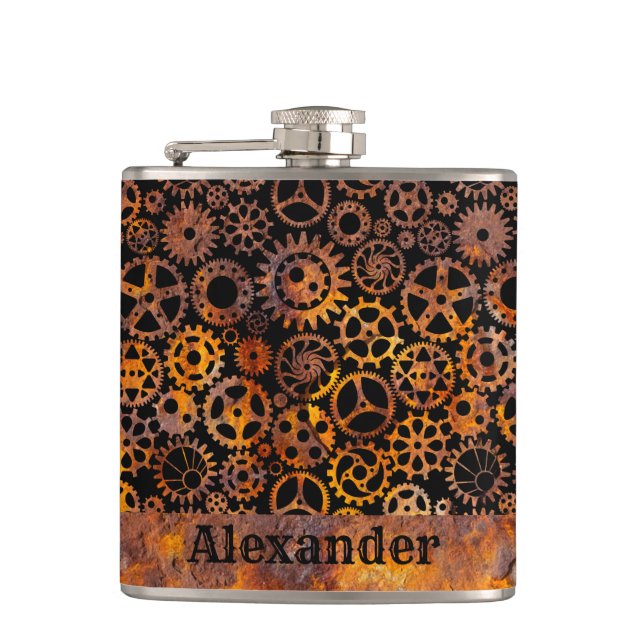 Small Steampunk Colourful Rusty Gears Custom Name Hip Flask (Front)