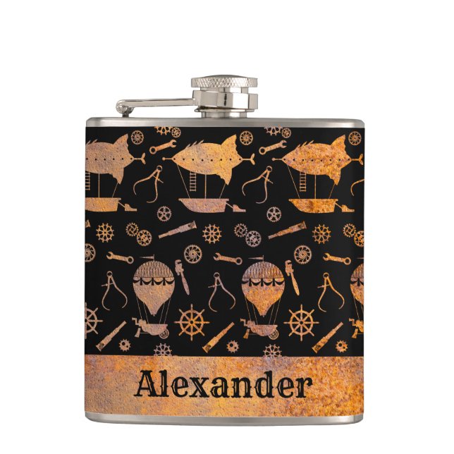 Small Steampunk Rusty Airship Theme Custom Name Hip Flask (Front)