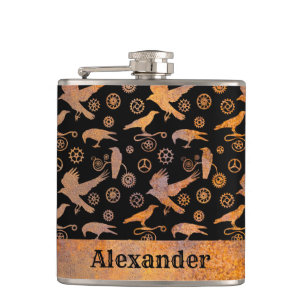 Small Steampunk Rusty Gears and Crows Custom Name Hip Flask