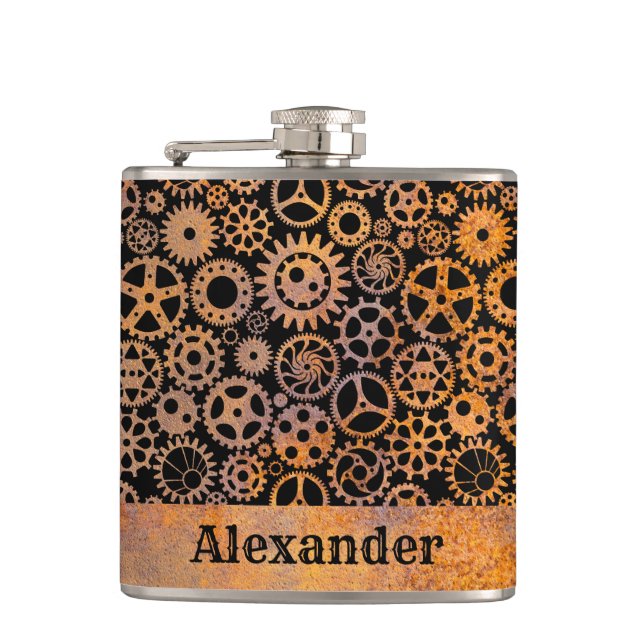 Small Steampunk Rusty Gears Custom Name Hip Flask (Front)