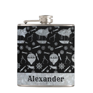 Small Steampunk Silver Zinc Airship Custom Name Hip Flask