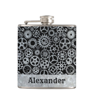 Small Steampunk Silver Zinc Gears Custom Name Hip Flask