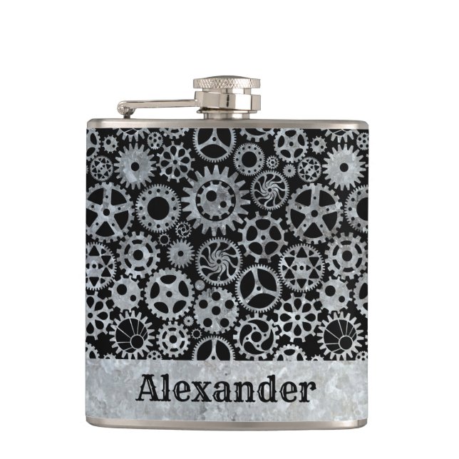 Small Steampunk Silver Zinc Gears Custom Name Hip Flask (Front)