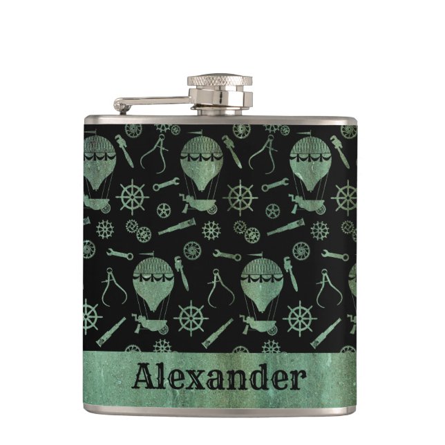 Small Steampunk Verdigris Balloons Theme Custom Hip Flask (Front)