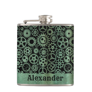 Small Steampunk Verdigris Bronze Gears Custom Name Hip Flask