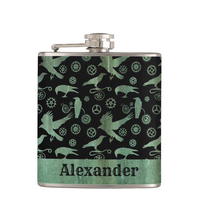 Small Steampunk Verdigris Gears and Crows Custom Hip Flask (Front)