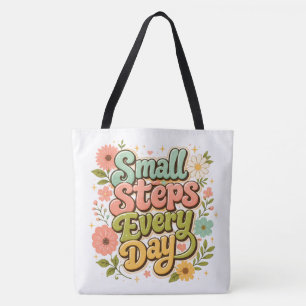 Small Steps Every Day Floral Retro Motivational Tote Bag