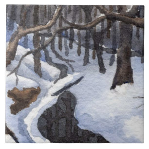 Small stream in a winter snow with dark waters ceramic tile