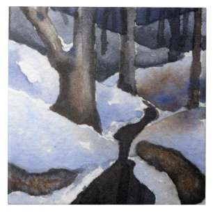 Small stream in winter with snow on the waters ceramic tile