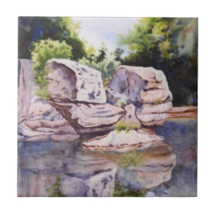 Small stream rock and water painting, ceramic tile