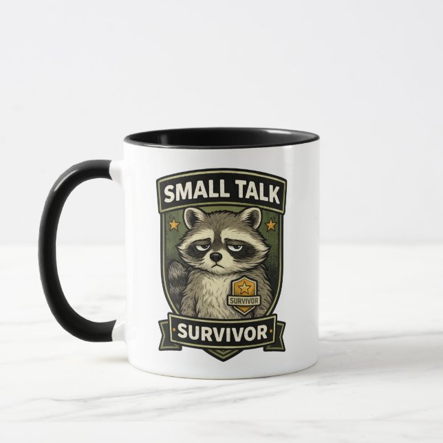 Small Talk Survivor Funny Racoon Shirt Mug (Left)