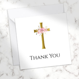 Small Thank You Pink Floral Gold Cross Funeral Card