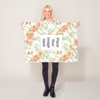 Small Throw Blanket, Peach Flowers, Add Name/Pic Fleece Blanket
