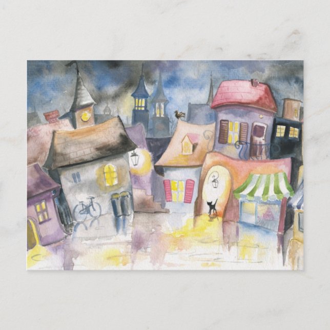 Small town at night postcard (Front)