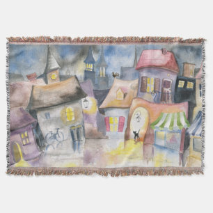 Small town at night throw blanket