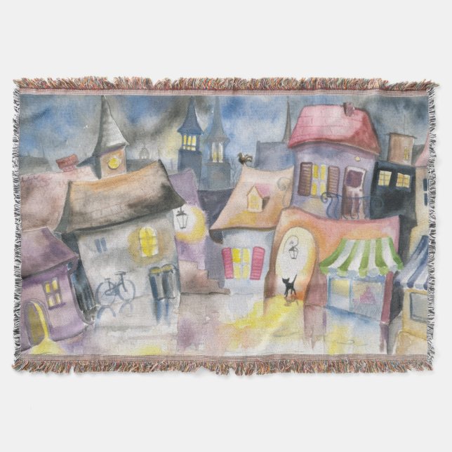 Small town at night throw blanket (Front)