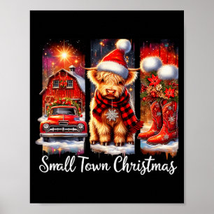 Small Town Christmas Highland Cow Western Art Poster