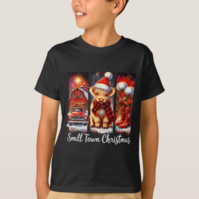 Small Town Christmas Highland Cow Western Art  T-Shirt (Front)