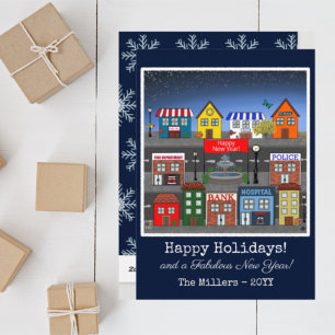 Small Town Neighbourhood Nighttime Navy Blue Holiday Card