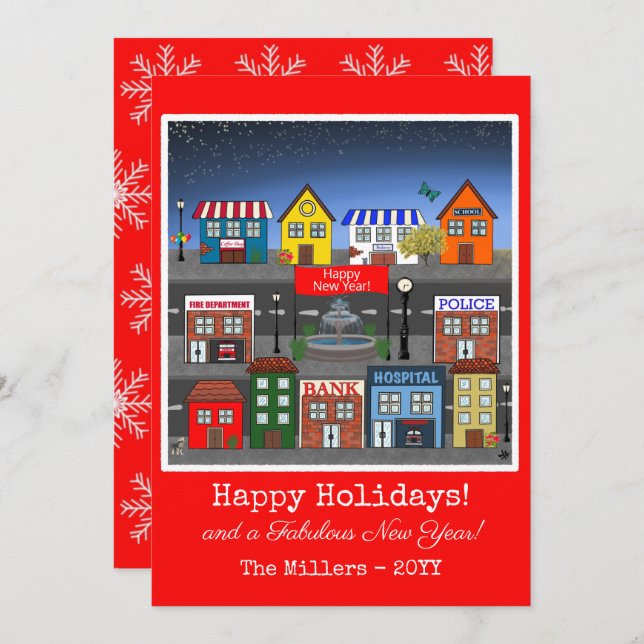 Small Town Neighbourhood Nighttime | Red Holiday Card (Front/Back)