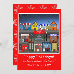 Small Town Neighbourhood Nighttime   Red Holiday Card