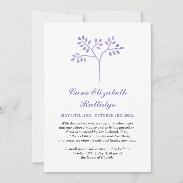 Small Tree Lavender & White Memorial Announcement (Front)
