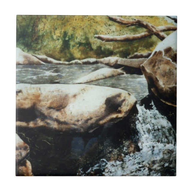 Small trout stream waterfalls watercolor. ceramic tile (Front)