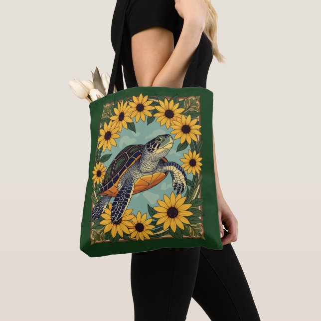 Small Turtle And Black-Eyed Daisy Flowers Tote Bag (Close Up)