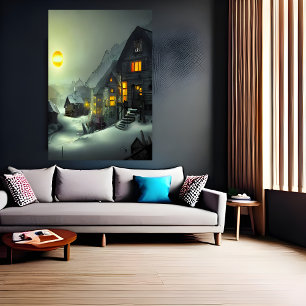 Small village in the snow AI Art Poster