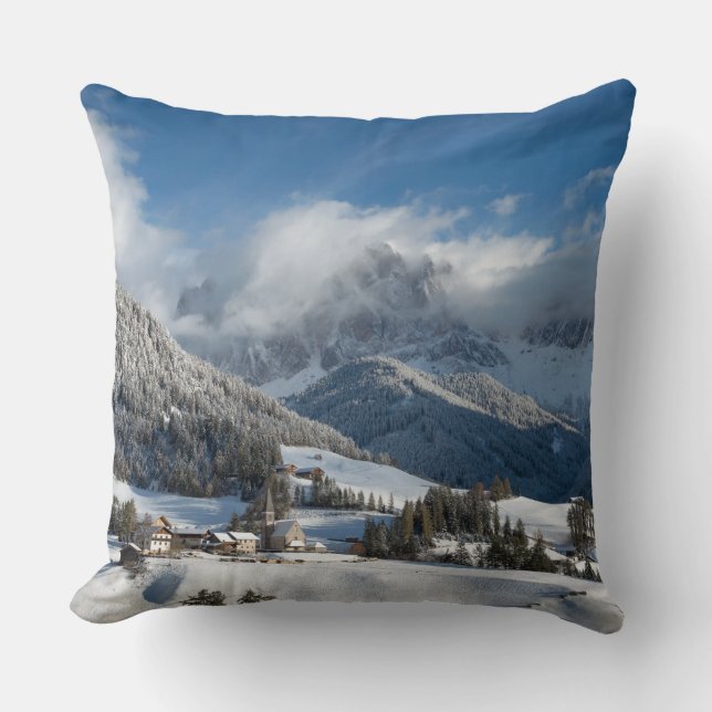Small village with Dolomites mountains in the snow Cushion (Front)