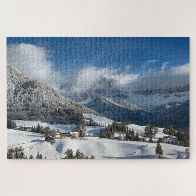 Small village with Dolomites mountains in the snow Jigsaw Puzzle (Horizontal)