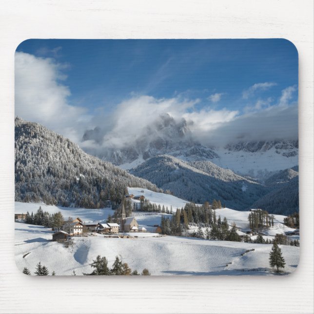 Small village with Dolomites mountains in the snow Mouse Pad (Front)
